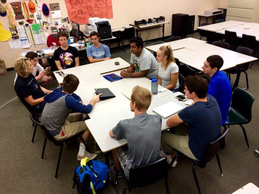 Jake Ritter, Sami Zantout, Sofia Hartman, Rohan Dhamejani, Ruben Vera, David Arden, Jake Erenson, and Bryan King play a game for day one of Ripple Effect week. photo by Corinne Caplinger