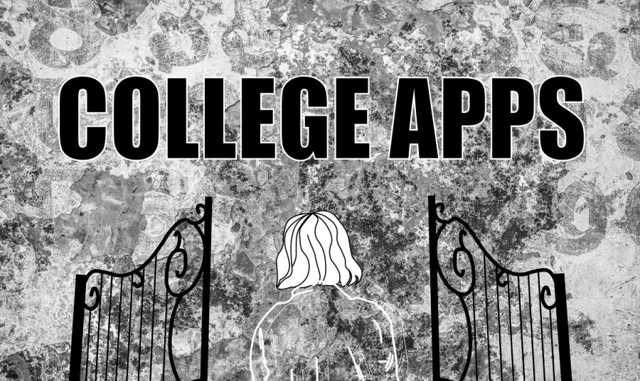 Senior approaches gate to college applications, where there is a wall with the words “College Apps” emblazoned across it on the other side. 