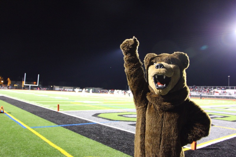 The+Grizzly+Bear+mascot+helps+celebrate+the+football+teams+38-0+victory+against+Antelope+in+Fridays+Div.+2+section+playoff+game.