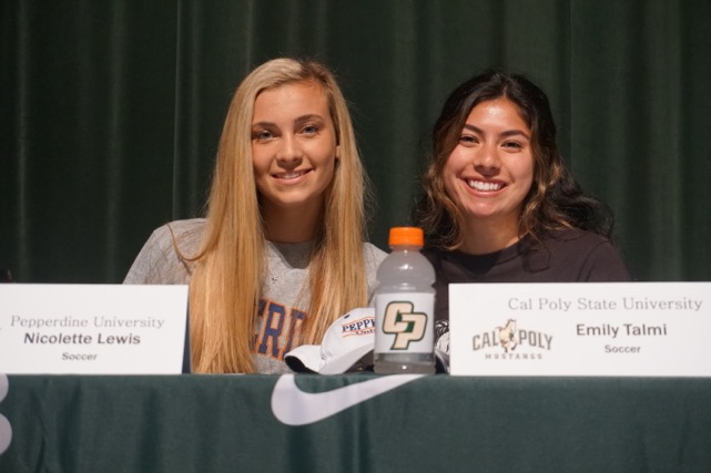 Nicolette Lewis (left) and Emily Talmi commit their attendance to Pepperdine and Cal Poly on signing day.