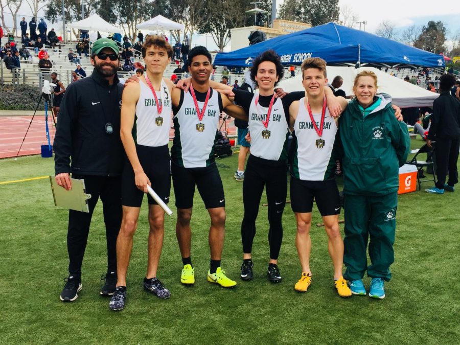 The Granite Bay High School Varsity Boys 4x400 relay team celebrate their first place finish at the Sheldon Invitational and hope to continue their road to state.