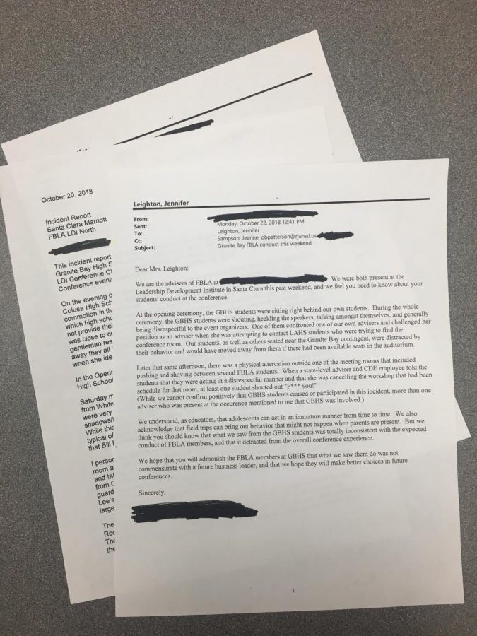 A California state department of education official collected evidence and statements about inappropriate conduct by Granite Bay High students at the state FBLA conference in October in Santa Clara. The information was then sent by the official to GBHS administration.  Administrators also received an email from another FBLA teacher/adviser that complained about GBHS student behavior. You can read the documents by clicking the link located down and to the left on this page.