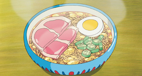 In animated Studio Ghibli film, Ponyo, the animated ramen is detailed with ham, eggs, green onions.