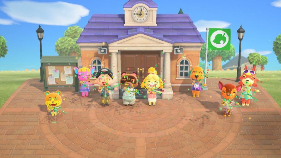 Villagers gather together to celebrate the completion of the new Resident Resources building in Animal Crossing: New Horizons.