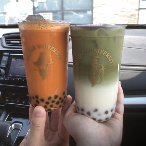 Bubble Universitys Thai milk tea with boba pearls on the left, and their matcha milk tea with golden boba on the right