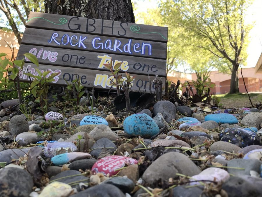 Students at GBHS can pick up rocks with uplifting messages from the rock garden to help relieve stress.
