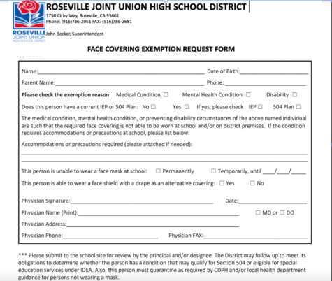 To obtain a mask exemption, RJUHSD students are required to fill out the pictured mask exemption request form and obtain medical verification by a physicians assessment.