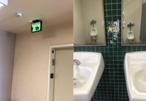 An exit sign was stolen from the 900 building (left) and a soap dispenser was stolen from the mens bathroom (right).