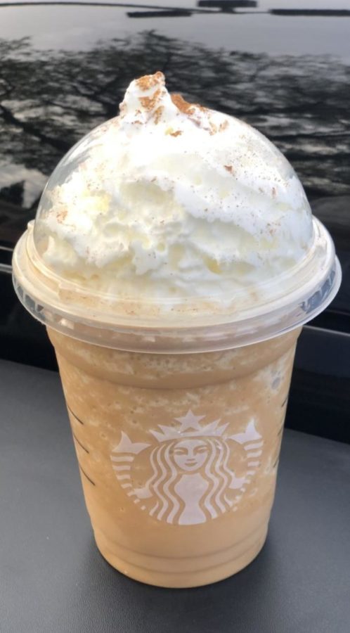 The pumpkin spice frappuccino offered limitedly at Starbucks.