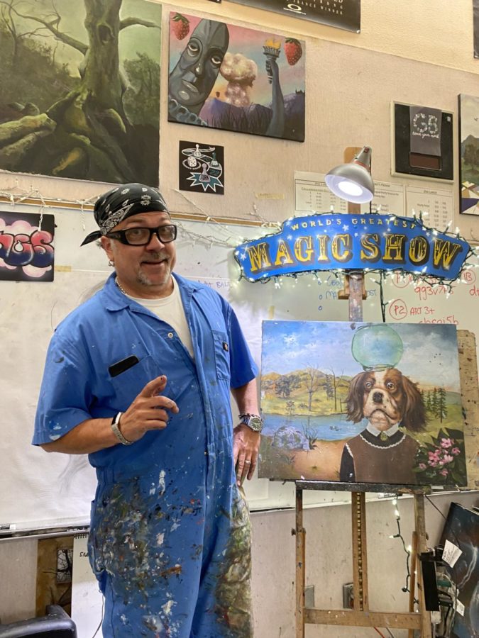 Myron Stephens has been working at GBHS since it opened in 1996 and for about four years at Roseville High School previously. He teaches Art 1, Art 2, and Art 3/4/IB but outside of school, he is also a professional artist, with his art featured in over 50 exhibitions.