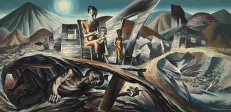 Painting by Harry Sternberg: Coal Miner and Family. Harry Sternberg depicts the struggles of families of coal miners who would often mine underneath their own homes, resulting in collapsed architecture and inhumane living conditions in Coal Miner and Family (1938)