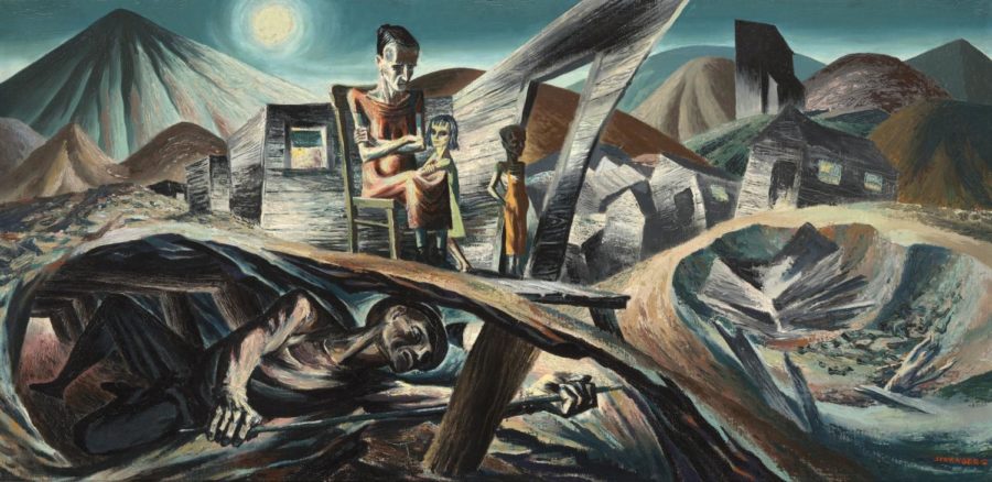 Painting+by+Harry+Sternberg%3A+Coal+Miner+and+Family.+Harry+Sternberg+depicts+the+struggles+of+families+of+coal+miners+who+would+often+mine+underneath+their+own+homes%2C+resulting+in+collapsed+architecture+and+inhumane+living+conditions+in+Coal+Miner+and+Family+%281938%29