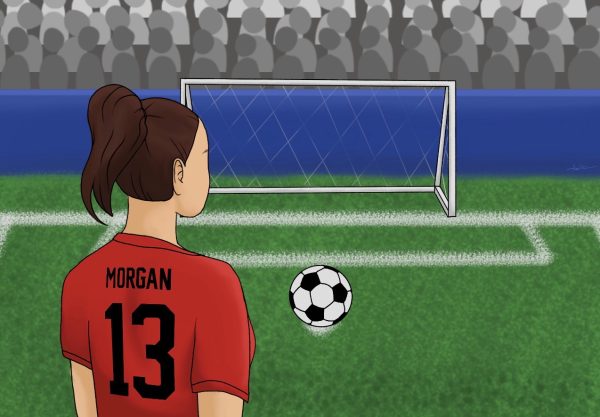 In this photo illustration, USWNT forward Alex Morgan (#13) prepares to kick a penalty kick in an intense game during the 2023 FIFA Womens World Cup. 