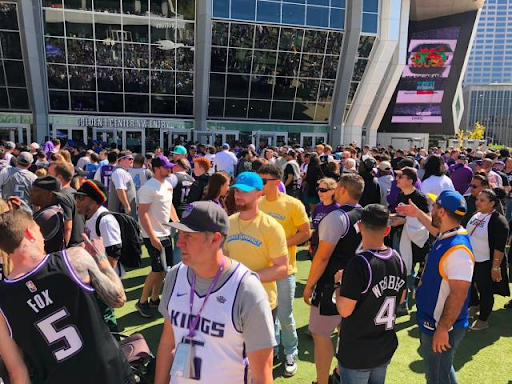 Sacramento Kings fans gather outside Golden One Center hours before tip-off against the Golden State Warriors.