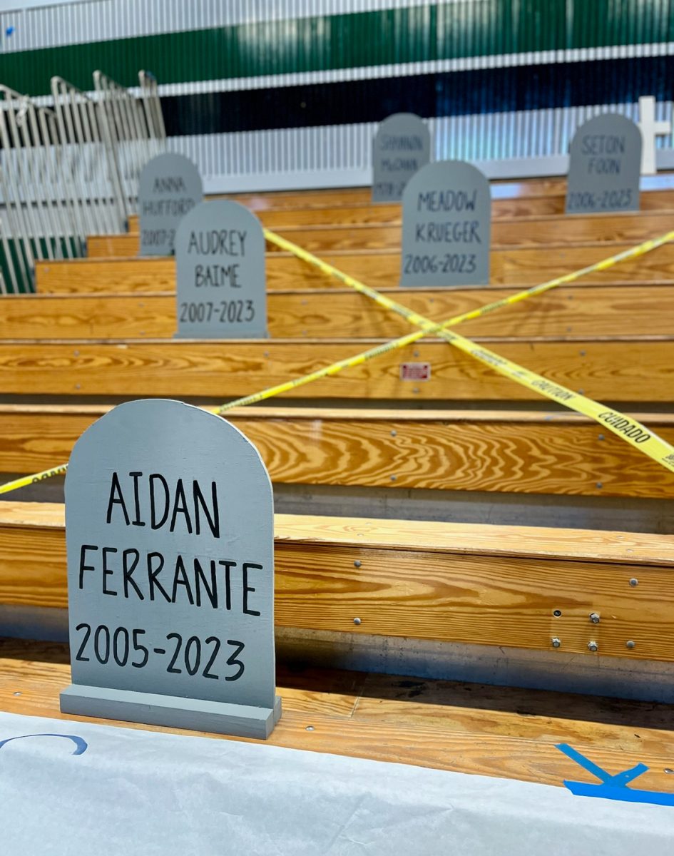 Graves are lined up on the bleachers during the assembly. 