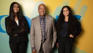 Pictured left to right: Jaya Athuluru, UC Davis' Chancellor Gary S. May, Simran Lallian