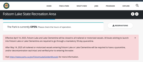 Screenshot of a notice posted on the Folsom Lake State Recreation website
