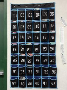 Phone policy in action, illustrated by the phone caddy in IB Business classroom.
