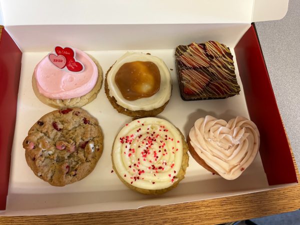 Conversation Hearts Pink Sugar Cookie- top left,  Salted Caramel Cheesecake Cookie- top middle, Dubai Chocolate Strawberry Brownie- top right, Valentine’s M&M’s Cookie- bottom left, Valentine Celebration Cake Cookie- bottom middle, Strawberry Heart Cake- bottom right. 