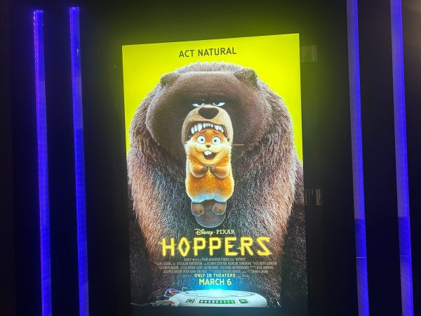 The "Hoppers" movie poster's digital display screen at Cinemark Roseville Galleria Mall.